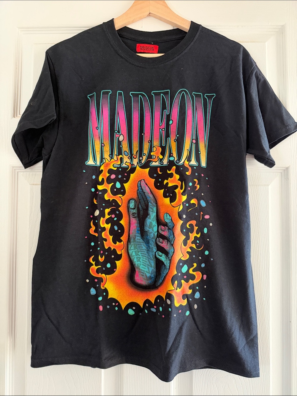 Madeon Black Tee with Neon Hand & Flame Graphic